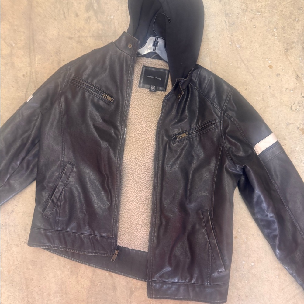 Structure Black Faux Leather Jacket with Cream Sherpa Collar